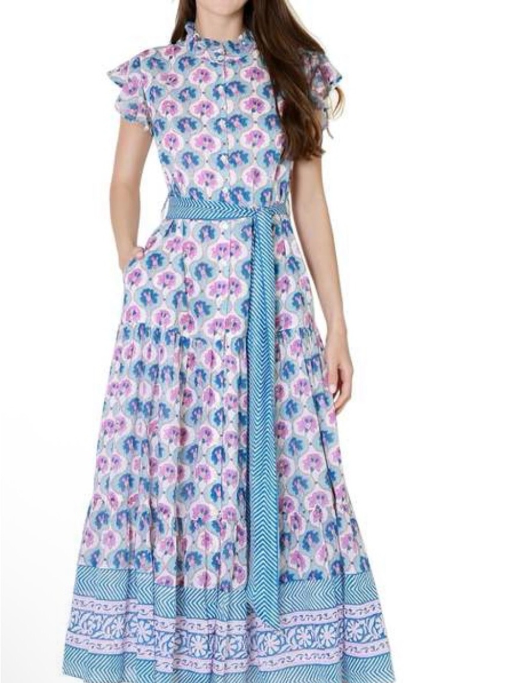 Oliphant Ruffle Collar Button Maxi Dress Iris Blue Size L Floral